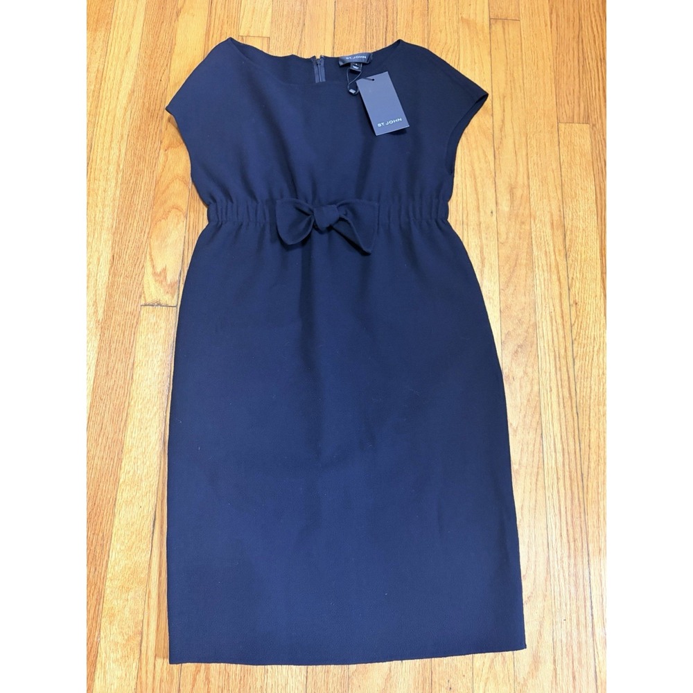 NEW St John  Sz 8 Little Black Dress Front Bow 100% Wool Sheath Modest  Staple